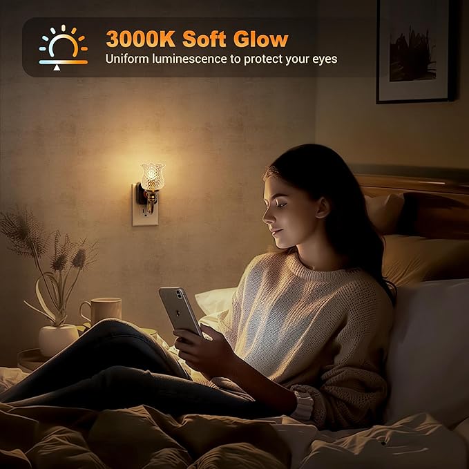 JandCase Night Light, Glass Night Lights Plug into Wall Dimmable | Floral LED Nightlight, 0-100LM Flower Nightlights, Dusk to Dawn Sensor, 1W Vintage Nite Light for Bathroom Hallway Gift Decor
