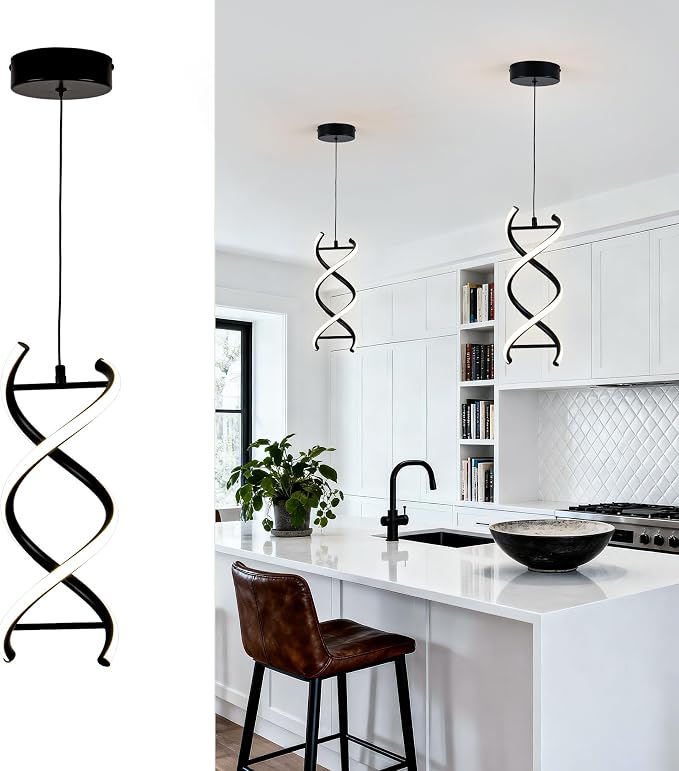 MAYNA Spiral Led Pendant Light Fixture,11W Modern Led Chandelier, 4000K Adjustable Height Hanging Light Fixture for Kitchen Living Room Dinning Room Bedroom Cafe Table, 1 Pack (Black)