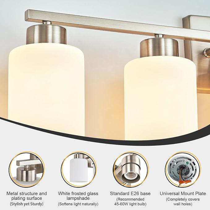 FonmYim Brushed Nickel Bathroom Light Fixtures Vanity Lights Over Mirror | Modern 6-Light lighting fixtures for bathroom with Milky White Frosted Glass Shades, E26 Socket (Bulbs Not Included)
