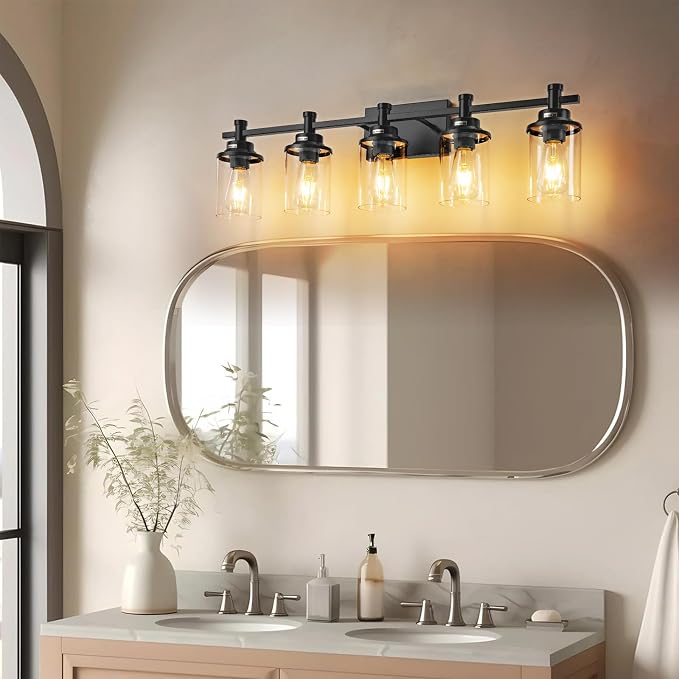 5-Light Black Bathroom Vanity Light, Modern Bathroom Light Fixtures Wall Sconces Over Mirror with Clear Glass Shade