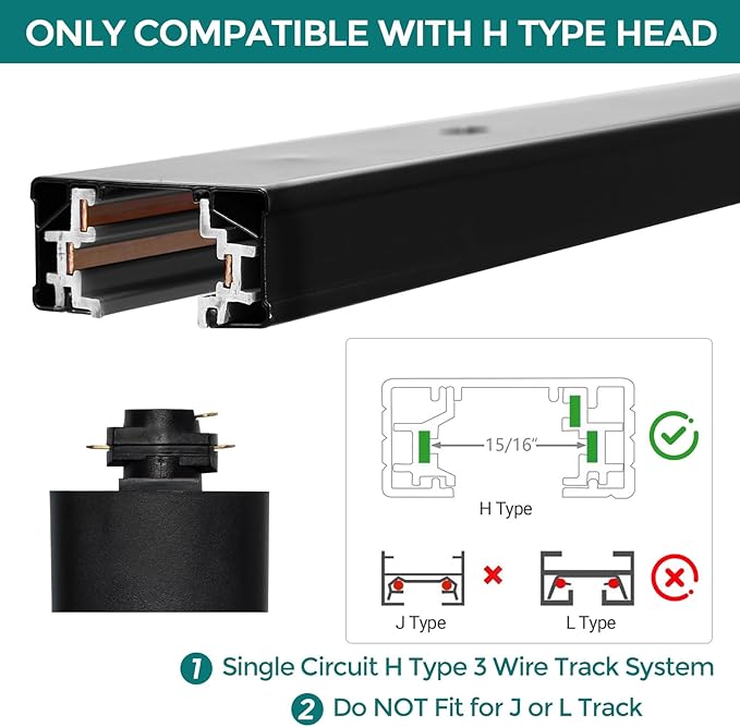 H Track Lighting Rails Kit - iCreating 20ft Black Track Light Tracks 3 Wire with Floating Canopy Connector, I and L Connectors for Single Circuit H Type LED Tracks Lighting Head Fixtures