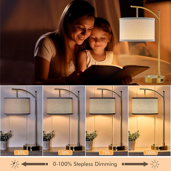 Table Lamp for Living Room Bedroom, 23.5" Table Lamp with USB C+A Ports, Bedside Lamp for Nightstand with Linen Lamp Shade, Dimmable LED Bulb Included, Gold