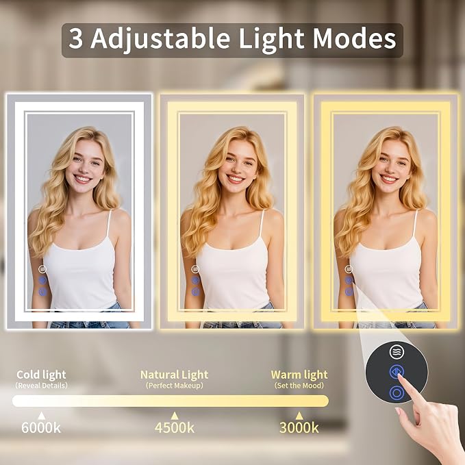 24"x42" LED Bathroom Mirror with Lights, Anti-Fog, Backlit + Front Lit, Dimmable, Led Vanity Mirror for Wall, Lighted Bathroom Mirror, 3 Colors, Shatter-Proof Tempered Glass