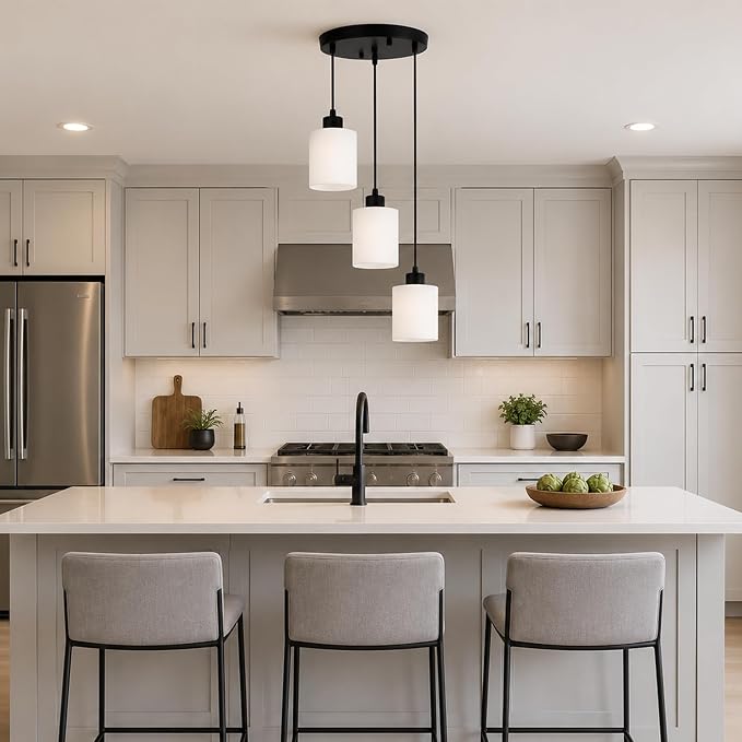 3 Light Pendant Lighting, Farmhouse Hanging Light Fixture for Kitchen Island & Dining Room, Industrial Vintage Ceiling Lamp with E26 Base, Adjustable Height, with White Glass 4.7" Shades