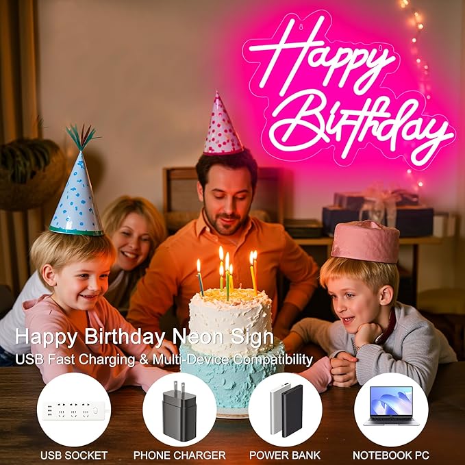 Happy Birthday Neon Sign for Wall Decor, USB Powered LED Neon Sign with Dimmable Brightness, Ideal for All Ages Birthday Parties and Celebrations, With 2 Pcs Birthday Cards (17×12 Inch)
