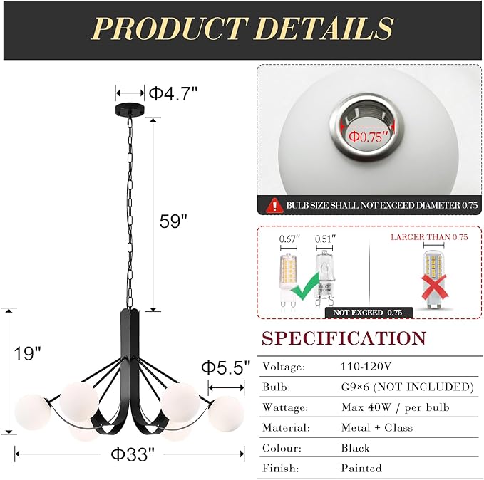 Modern Living Room Chandelier with Chain 33in Frosted Glass Kitchen Chandeliers Sputnik Black Dining Table Light Fixture 6 Light Mid-Century Chandeliers Light for Bedroom Entry Foyer