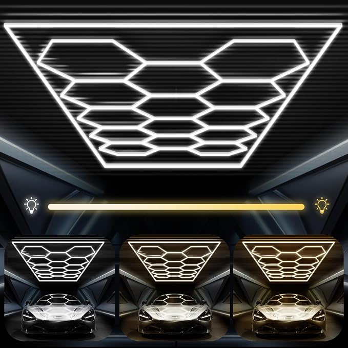 FERUERW Hexagon Garage Lights with Rectangle Frame, 3 Color Temperature | 2700/4300/6500K Adjust Color Temperature, for Garage, Shop, Basement, Car Detailing Shop etc. with Mounting Clip