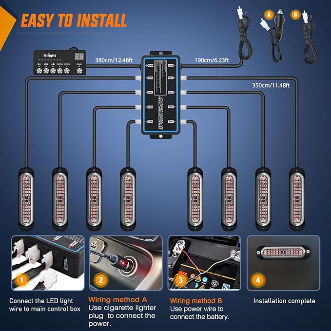 Nilight 8PCS Led Strobe Lights with Controller 12V 24V Sync Feature Red Strobe Light 12 LED Surface Mount Emergency Hazard Warning Lights with Strobe Controller for Vehicle Car Truck RV ATV