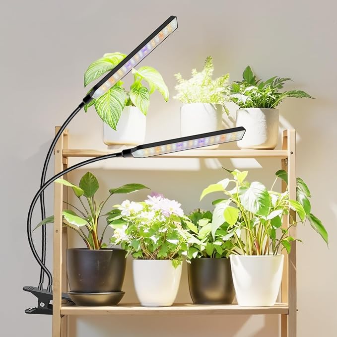 Aumtrly Clip on Grow Lights for Indoor Plants, 2 Head 114 LED Full Spectrum | for Seed Starting Growing, 6/12/16H Timer, 5 Dimming, 3 Light Modes, Flexible Gooseneck, Black Desk Plant Lamp with Clamp