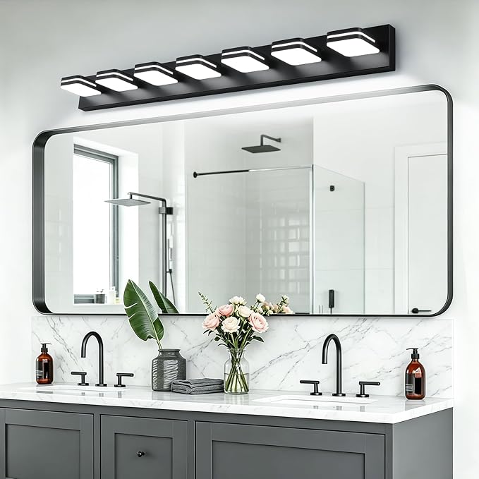 Torondo 360° Rotate LED Bathroom Vanity Light Fixtures, Acrylic Vanity Lights for Bathroom, Modern Wall Lighting Fixtures Over Mirror Living, Matte Black, Natural White, 7-Light, 46-Inch