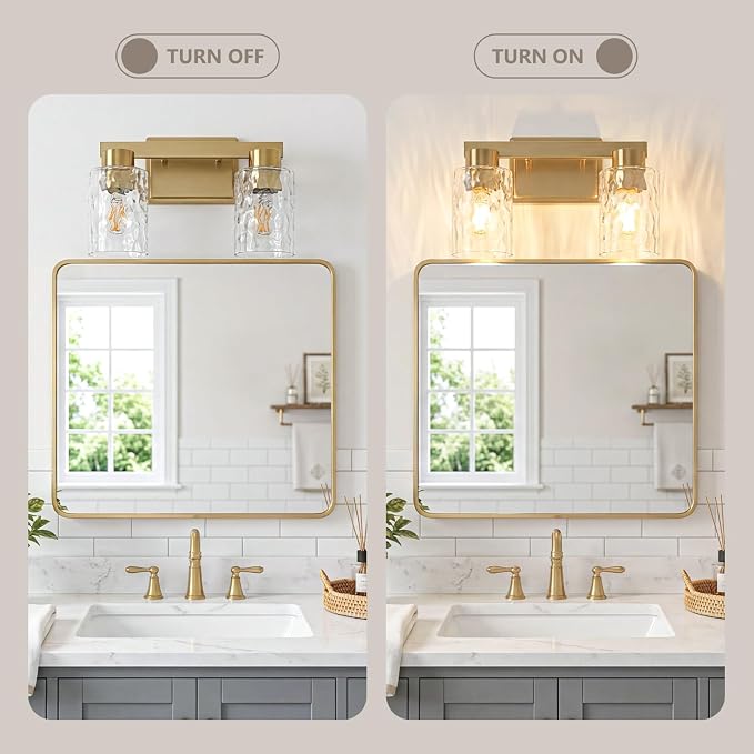 2-Light Bathroom Light Fixtures with Water Ripple Glass, Gold | Vanity Lights, Modern Wall Sconces, Over Mirror for Bathroom, Powder Room, Living Room