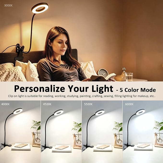 Akynite Desk Lamp Clip on Light, 48 LED Clamp Lamp, 5 Color 10 Brightness | USB Powered with Adapter, 360° Flexible Gooseneck, Eye Protection, Reading Book Lights Clamp on for Bed Home Office Study