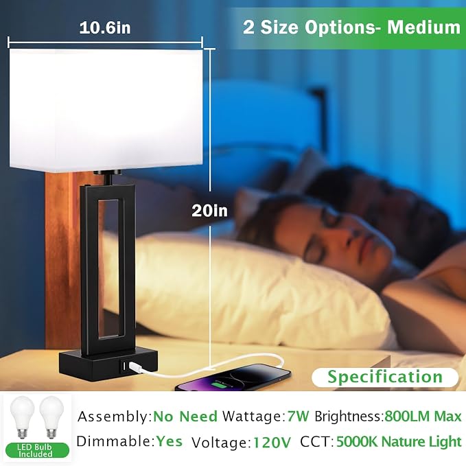 Lamps for Bedrooms - Set of 2 Modern Table Lamps with Touch Control, 3 Way Dimmable, USB C&A Charging, White&Black