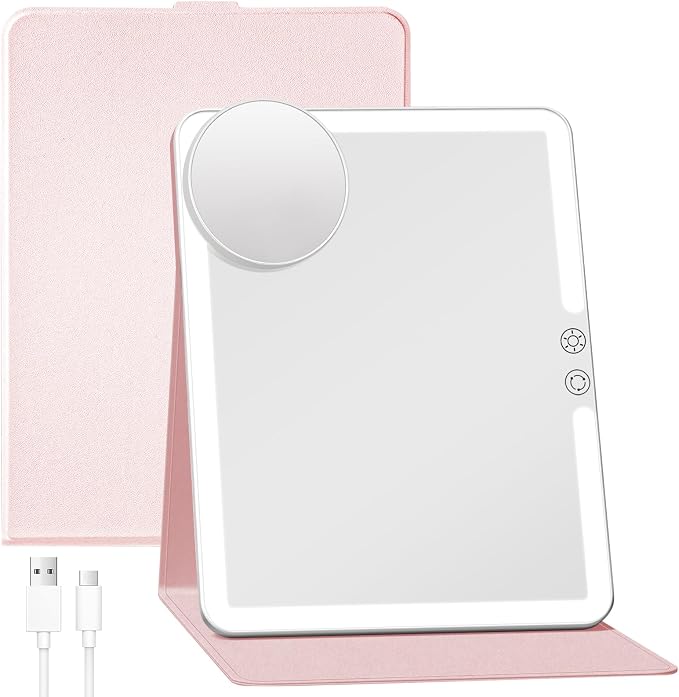 FUNTOUCH 2500mAh Large Rechargeable Travel Makeup Mirror with Lights (Pink) | Portable Makeup Mirror with 10X Magnifying Mirror 3 Lighting Modes, Tabletop Folding Travel Mirror with PU Leather Cover