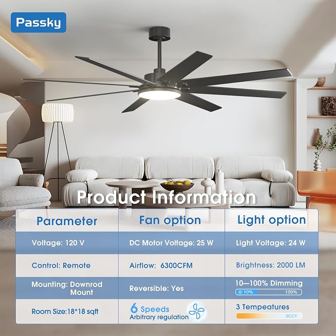 72 inch Ceiling Fans with Lights, Large Modern Ceiling Fan with Light and Remote Control, Reversible, 3CCT, Dimmable, Quiet, Black Ceiling fan For Bedroom, Living Room, Patio Farmhouse, Indoor/Outdoor