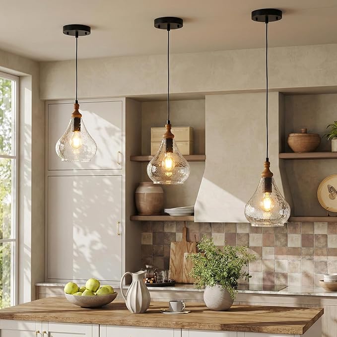 Farmhouse Teardrop Pendant Light for Kitchen Island, Brown Pine Wood and Seeded Glass Shade Hanging Light Fixture, Adjustable Cord, Rustic Dining Room, Coffee Shop and Bar