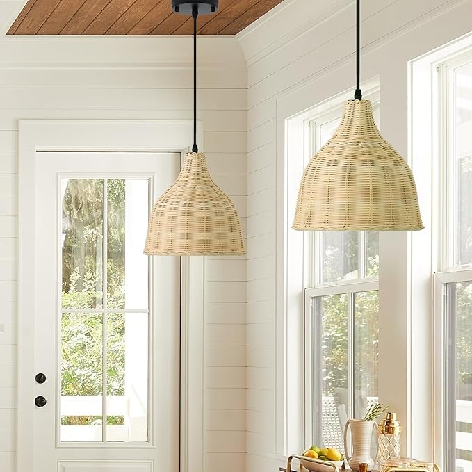Hard Wired Rattan Pendant Lights Set of 2,Boho Wicker Chandelier with 9.84” Dome Shade, Basket Hand Woven Hanging Lamp for Coastal Kitchen Island Dining Room Living Room Bar Foyer Hallway