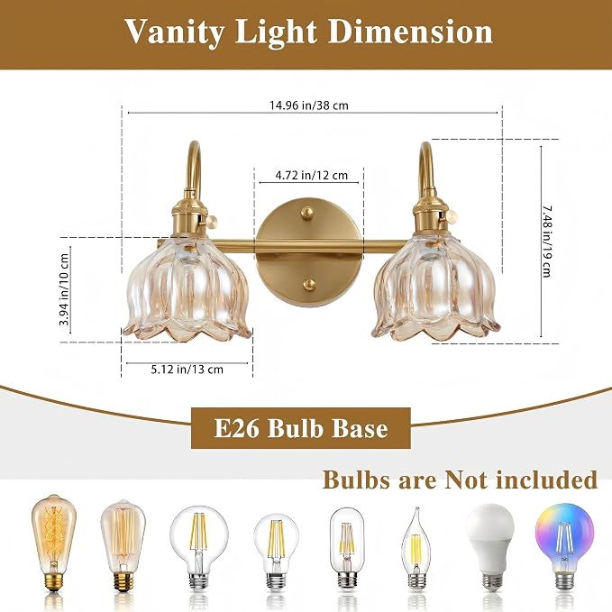 Bathroom Light Fixtures, 3-Light Brass Vanity Wall Light with Amber Tulip Glass Shades, Vintage Wall Sconce Over Mirror for Bathroom, Bedroom, Living Room (Bulbs Not Included) (Amber, 2-Light)