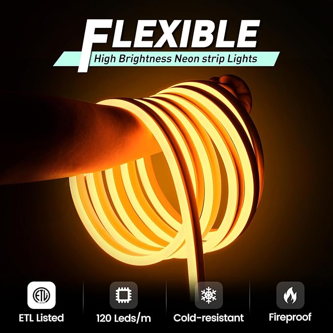 GZBtech Flexible LED Neon Rope Lights 66FT,AC 110-120V Waterproof Strip Light, 120 LEDs/M Cuttable Connectable Neon Lighting for Indoor Outdoor Home Decor/Commercial Building Use-Amber 20M, ETL Listed