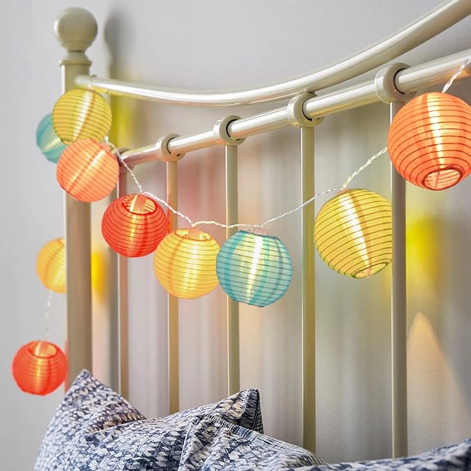 8.5Ft Multicolor Lantern String Lights, Colorful Lantern Lights for Bedroom with 10 Nylon Lanterns Decor, inoor String Lights for Camper Awning Rainbow Camping Party Mexican Fiesta