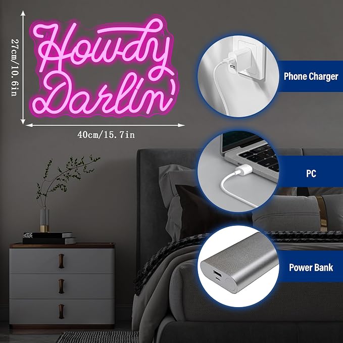 Howdy Darlin’ Neon Signs for Neon Sign,Dimmable Western Cowgirl Neon Light,Usb Powered for Man Cave Party Bedroom Bar Birthday Cowboy Lover Gifts(15.7 * 10.6in)