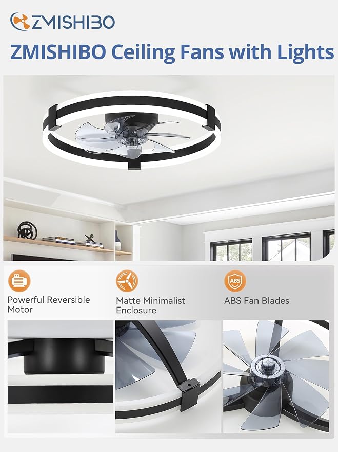 ZMISHIBO 23" Low Profile Fandelier LED Ceiling Fans with Lights and Remote | 3CCT Dimmable, 6 Speeds, Remote/App Control, Reversible DC Motor, Memory, Timer, Small Modern Fandelier for Kids/Bedroom
