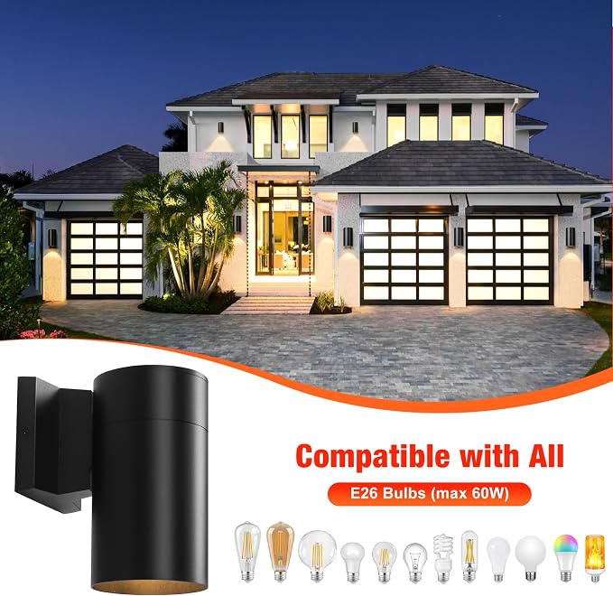 QQCherry 2 Pack Modern Outdoor Wall Light - Aluminum Outdoor Porch Sconce for House, Patio, Garage, Doorway & Entryway - Stylish Waterproof Exterior Lighting for Outside(Black,E26)