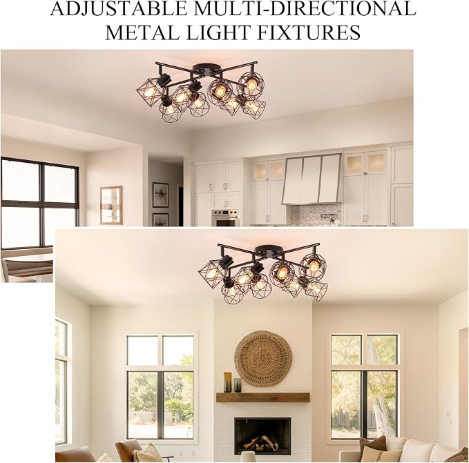 BUXVRCS 8 Lights Black Adjustable Multi-Directional Kitchen Light Fixtures | Track Lighting Fixtures, Metal Cage, Modern Minimalist Style, Spotlight Fixtures for Dining Room, E26 Socket