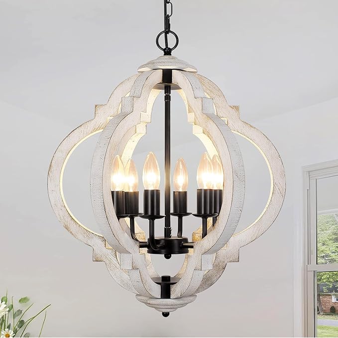 6-Light White Farmhouse Chandelier, French Country Rustic Wood Light Fixture for Dining Room, Kitchen Island, Bedroom, Entryway, Living Room