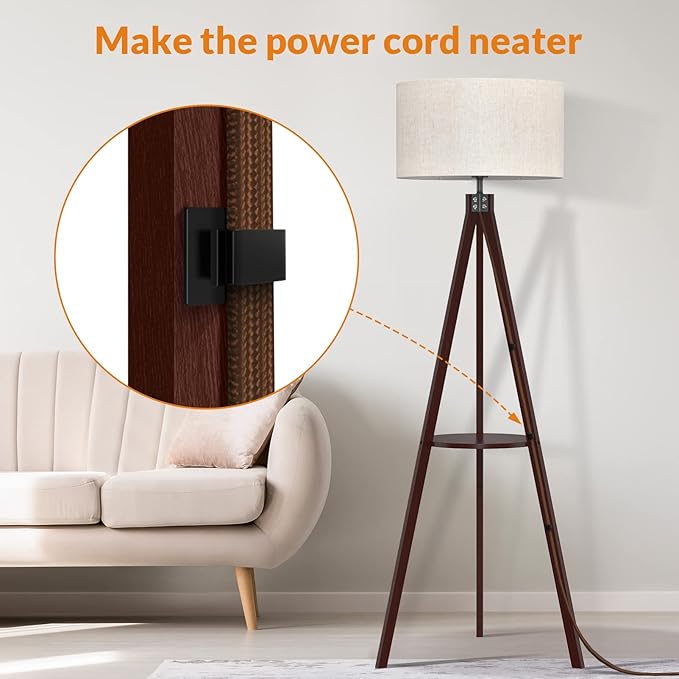 LEPOWER Shelf Floor Lamp Tripod Mid Century Modern Lamps for Living Room | Light-Diffusing Linen Shade, Premium Rubberwood, E26 Base, Foot Switch, Adding Warmth to Bedroom, Office & Corner Walnut