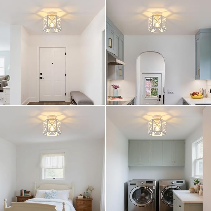 XSDeTu 2 Pack White Semi Flush Mount Ceiling Light, Modern Hallway Light Fixture, Vintage Metal Hexagonal Ceiling Lamp for Kitchen Entryway Porch