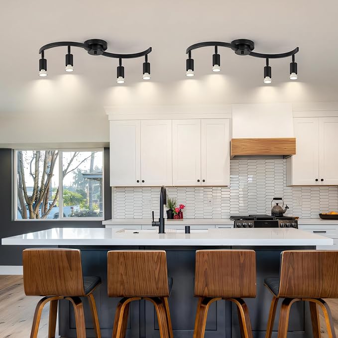 4 Light Track Lighting Fixtures,Kitchen Lighting Fixtures Ceiling with Rotatable Light Head,Black Ceiling Spotlight for Dining Room Living Room Bedroom.