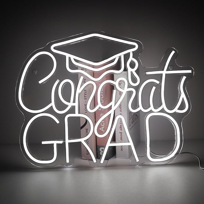 “Congrats Grad” White Neon Sign – 16.5×12.6 in Crisp LED Backdrop for Grad Photos, 6000K Bright Light, Dimmable with Wired Dimmer, Includes Wall Anchors – Tech Grad Gift