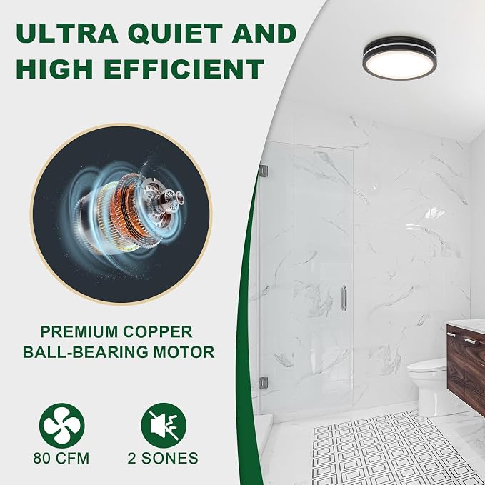 Akicon Bathroom Exhaust Fan with Light, 80 CFM 2.0 Sones Bathroom Fans for Ceiling, 3CCT 15W Dimmable LED Light and 3.5W Nightlight Vent Fan Combo for Home, Round, Black