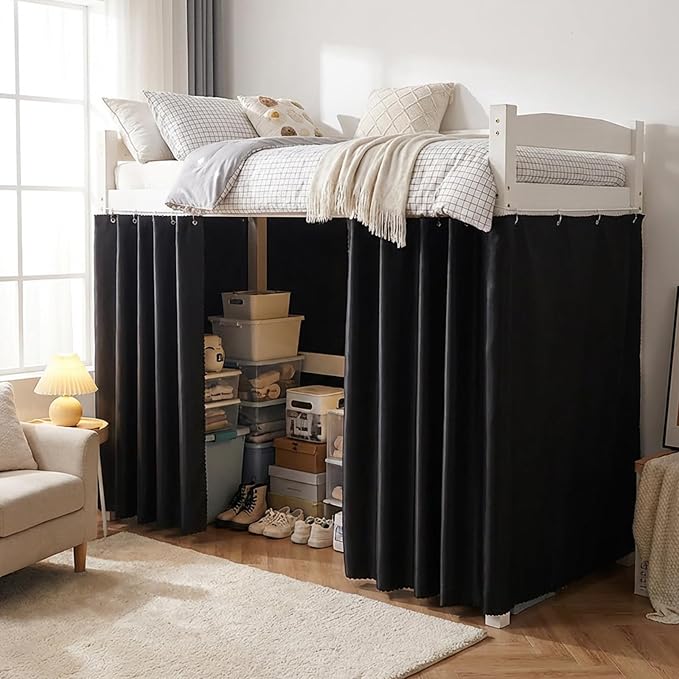 Dorm Blackout Privacy Bottom Bunk Bed Curtains - 2 Panels 78.7"x45.3", No Drill Installation for Twin Loft Beds, Light Blocking Under Bed Canopy with Hanging Hooks & Ropes