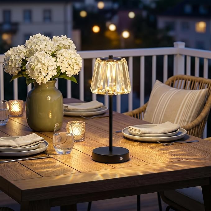 13" Small Crystal Cordless Table Lamp, Touch Rechargeable Desk Lamps | 3 Color Temps, Stepless Dimming, Black Portable Battery Operated LED Desk Lamps for Bedside, Nightstand, Kitchen, Patio, Gift