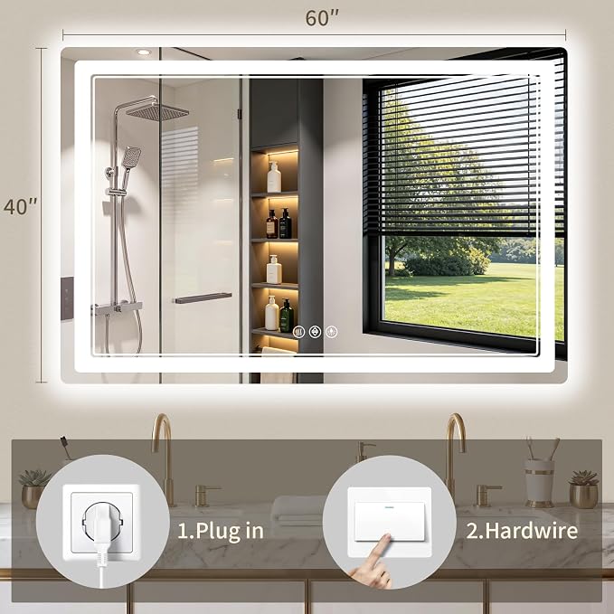 40"x60" LED Bathroom Mirror with Lights, Backlit + Front Lit, Anti-Fog, Lighted Bathroom Mirror for Wall, HD Shatterproof Tempered Glass, Dimmable, Memory Function (Horizontal/Vertical)