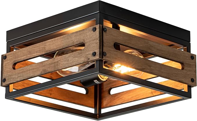 MAYNA Farmhouse Ceiling Light, 2-Light Rustic Flush Mount Ceiling Light with Metal and Wood, Farmhouse Hallway Light Fixtures for Kitchen Entryway Bedroom Dining Room