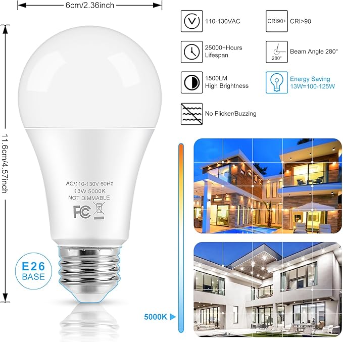 LED Light Bulbs, 100 Watt Equivalent A19, 13W 5000K Daylight White 1500 Lumens Non-Dimmable Bright E26 Edison Medium Screw Bulbs for Home Bedroom Kitchen Living Room Office Lamp, 4-Pack