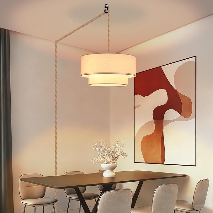 Plug in Pendant Light, 2-Tier Drum Linen Pendant Lights with 15.7FT Handmade Woven Light Cord，17.7" Plug in Chandelier for Dining Room Kitchen Island and Bedroom