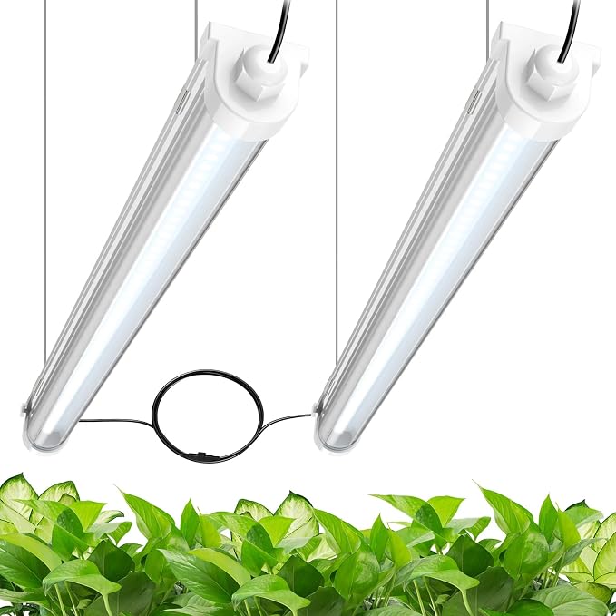 JESLED Waterproof T8 Grow Lights, 2FT 5000K Full Spectrum Daylight, 2Packs | 48W(2 X 24W), 300W Equivalent, V-Shaped Beam, On/Off Switch, Linkable Plant Light Strip for Greenhouse, Shelf, Indoor Outdoor