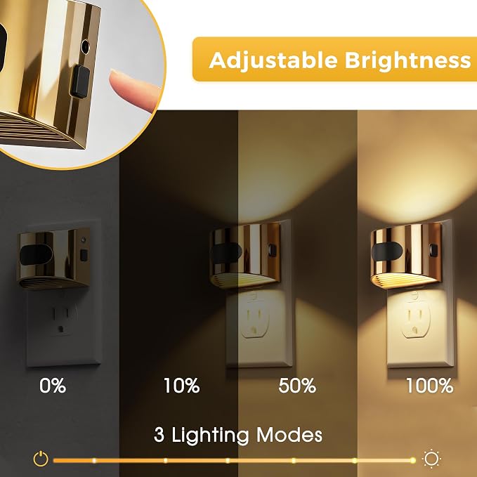 L LOHAS LED Motion Sensor Night Light, Night Lights Plug into Wall, 4 Pack | Nightlight with Dusk to Dawn & Motion Detection Sensor, 30-100Lm Adjustable Brightness, 3000K Warm White, Gold Housing