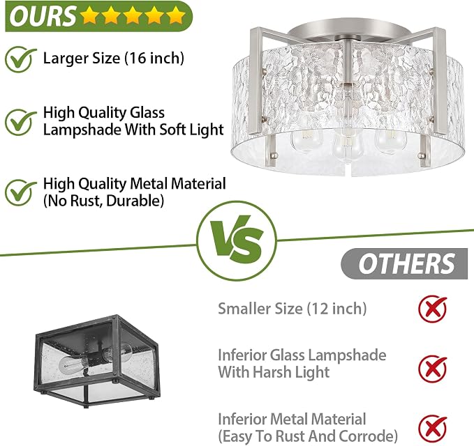16" Semi-Flush Mount Ceiling Light, 4-Light Hammered Glass Drum Fixture | OYKYOHEI Indoor Lighting for Bedroom Hallway Entryway Kitchen Foyer Living Room Laundry Decor, Black Modern Dimmable E26