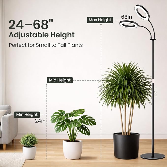 LBW Dual Head Grow Light with Stand for Indoor Plants, Full Spectrum Grow Light for Tall Plants, Adjustable Height up to 68", Auto Cycle Timer 6/8/12/16H, 5-Level Dimmable, 3 Lighting Modes, Black