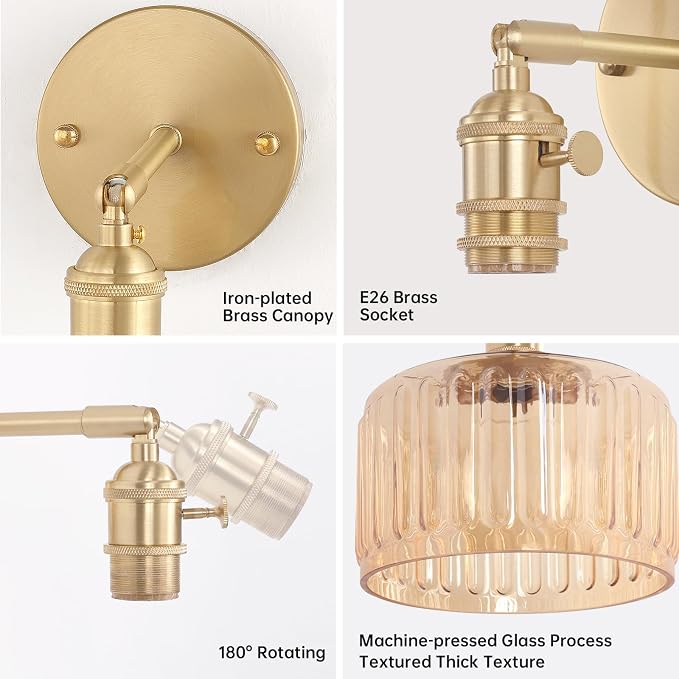 Shenmoyl Vintage Battery Operated Wall Sconce with Amber Striped Glass Lampshade 5000 mAh Rechargeable Battery Powered Wall Light with Remote Control for Bedside Bedroom Doorway