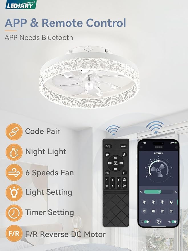 LEDIARY 15.7 Inch Low Profile Ceiling Fans with Lights and Remote, Flush Mount Ceiling Fan, 3000K-6000K Fandelier Dimmable Ceiling Fan, Modern Ceiling Fans with Light for Bedroom- White
