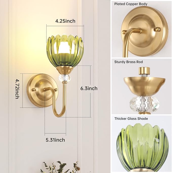 Set of 2 Vintage Battery Operated Wall Sconce, Rechargeable Wall Lamp with 5000mAh Battery & Remote Control, Dimmable Wall Lights with tulip shade for Bedroom Bathroom Living Room, (Tulip Green Up)