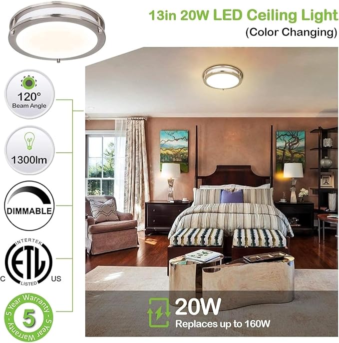 13 inch Flush Mount LED Ceiling Light Fixture, 2700K/3000K/3500K/4000K/5000K Adjustable Ceiling Lights, Brushed Nickel Saturn Dimmable Lighting for Hallway Bathroom Kitchen or Stairwell, ETL Listed