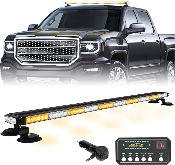 45.5" 128 LED Roof Strobe Light Bar Amber White Emergency Lights | Top Magnetic Double Side Traffic Advisor Warning Hazard Safety Caution Lights for Plow Trucks Construction Vehicles Wreckers