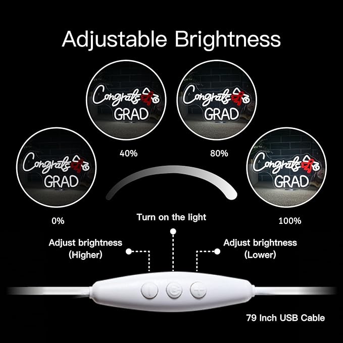 WLHOPE Congrats Grad Neon Sign with Scroll Graduation Decorations 2025 White Red LED lights for Party College High School Class Graduation Gifts